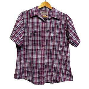 Wrancher by Wrangler Purple Plaid Snap Button Short Sleeve Top XL Western